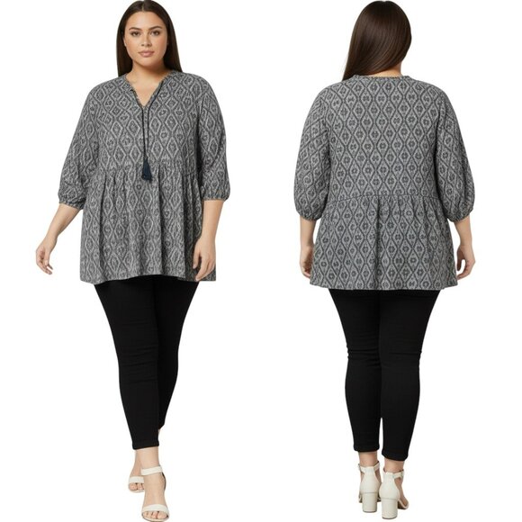 Fred David Ikat Peasant Blouse 2X – Gray Boho Tunic Balloon Sleeve Top - Picture 1 of 16